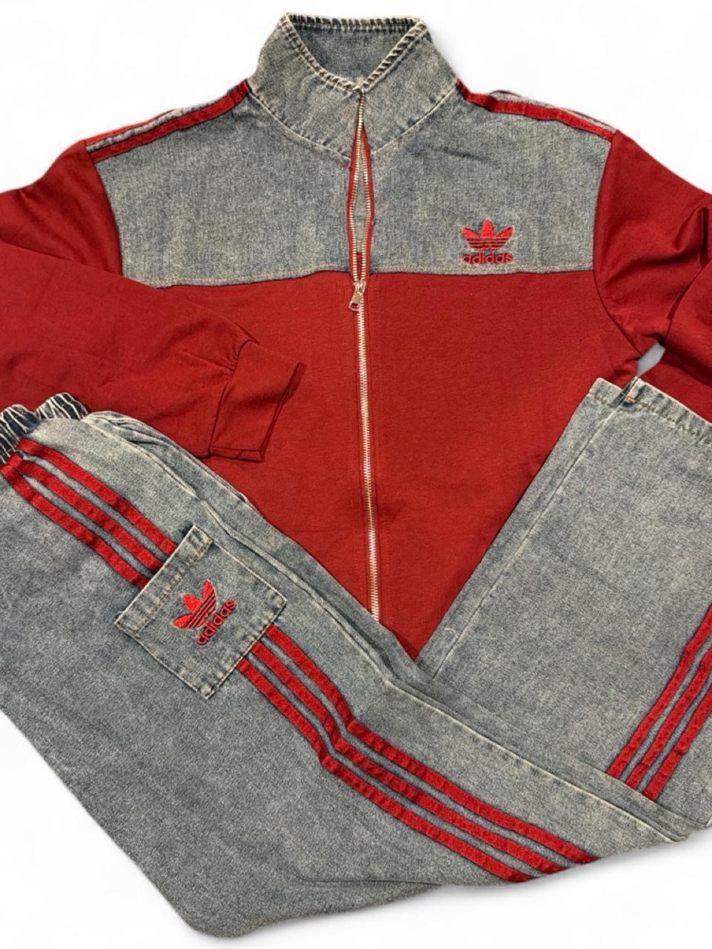 adidas Men’s Red and Denim-Look Zip Sweatshirt